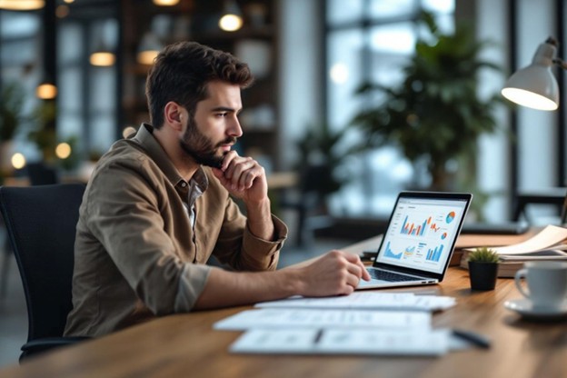small business owner analyzing search engine marketing intelligence data