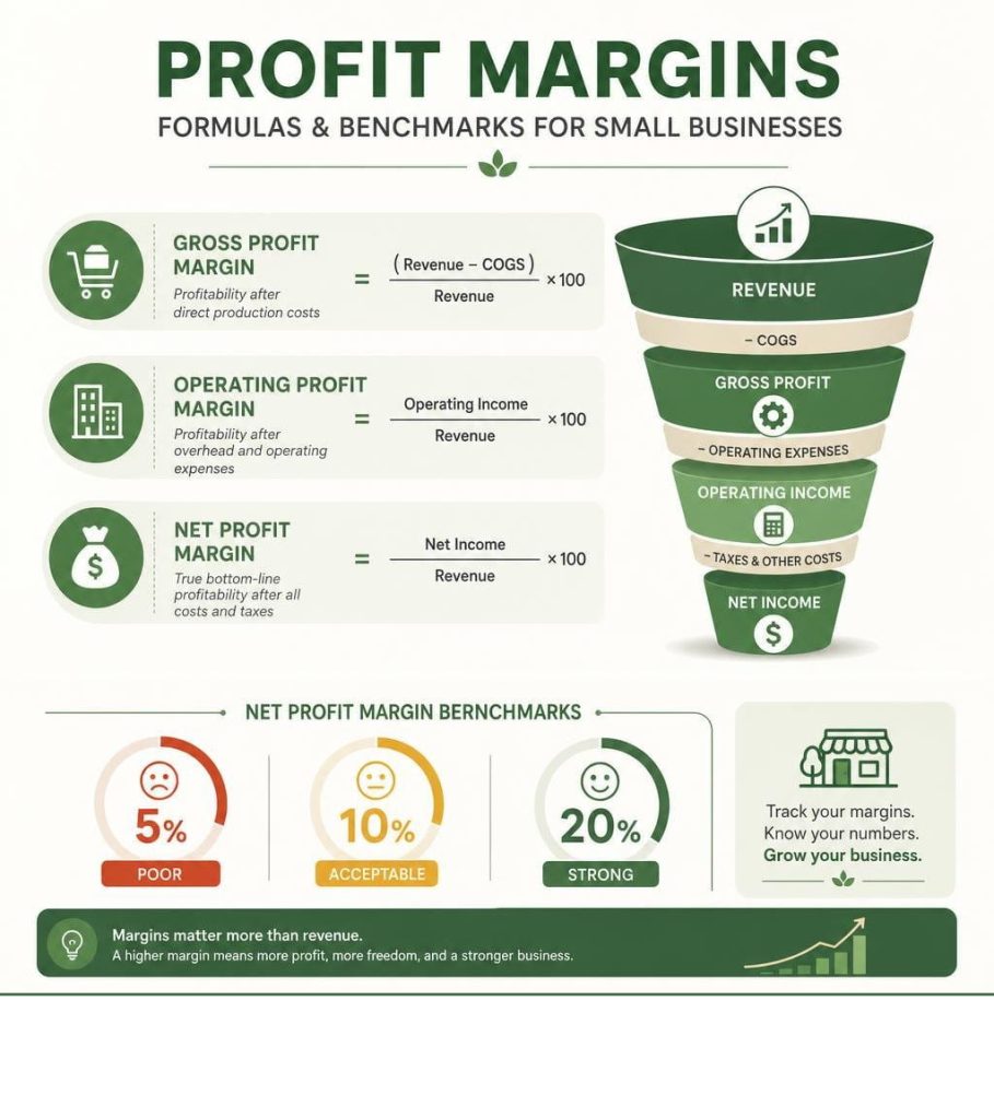Profit margin calculator infographic showing gross, operating, and net margin formulas with benchmark gauges.