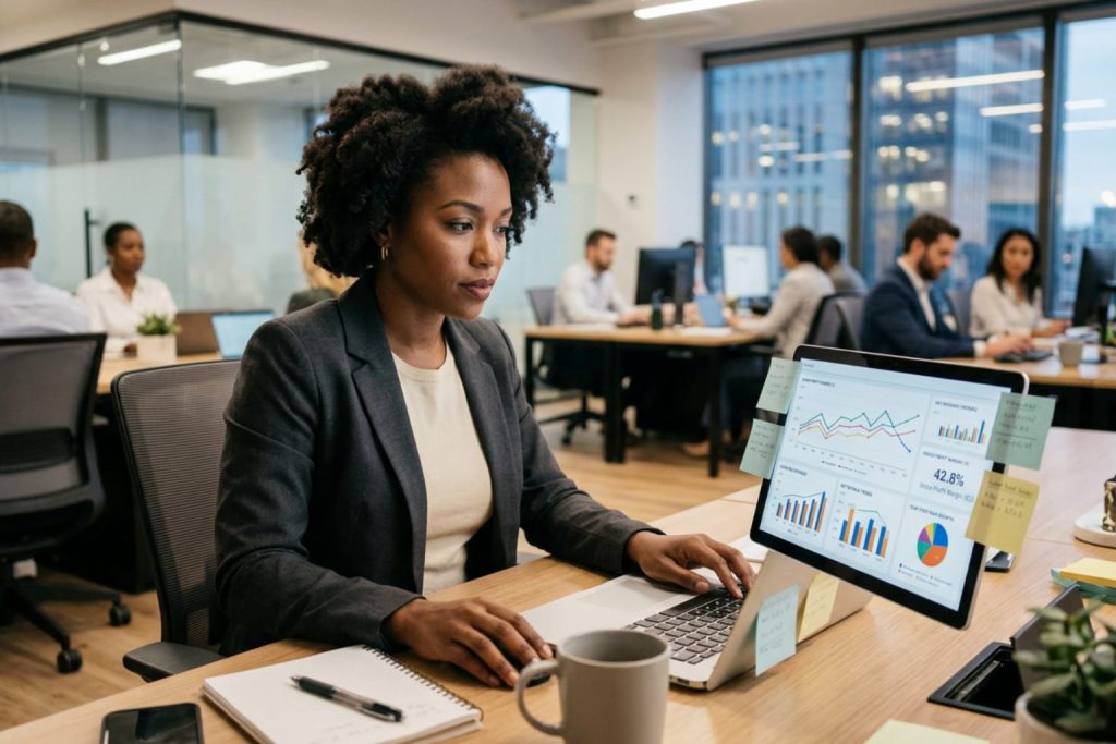 Businesswoman reviewing analytics dashboard with KPIs and profit margin calculator data on her laptop.
