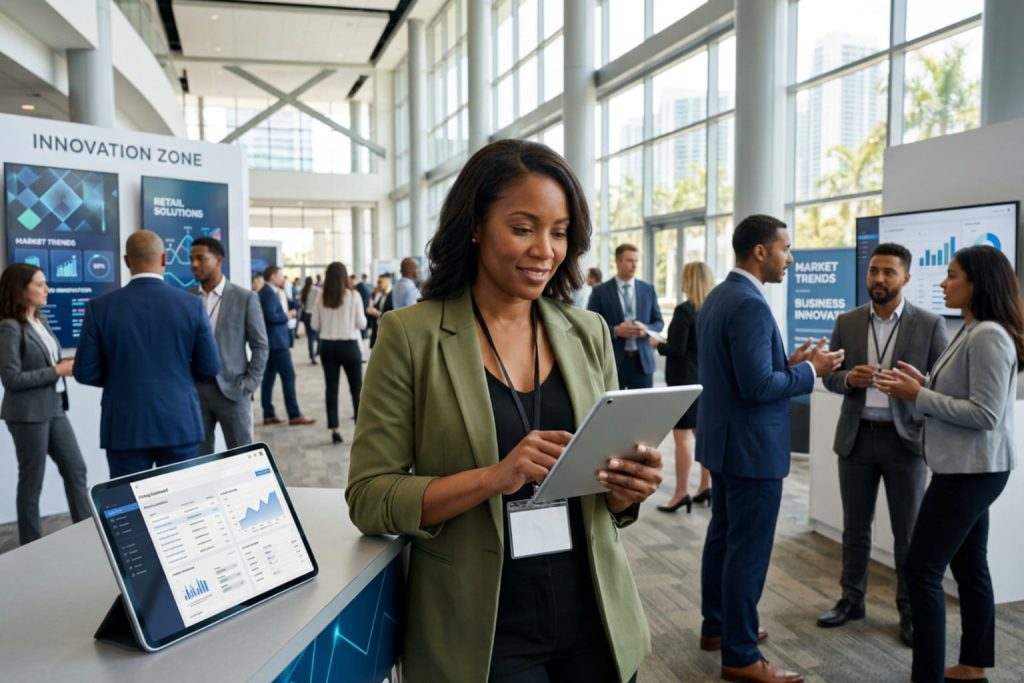Smiling businesswoman holding a tablet with profit margin calculator analytics at an innovation conference.