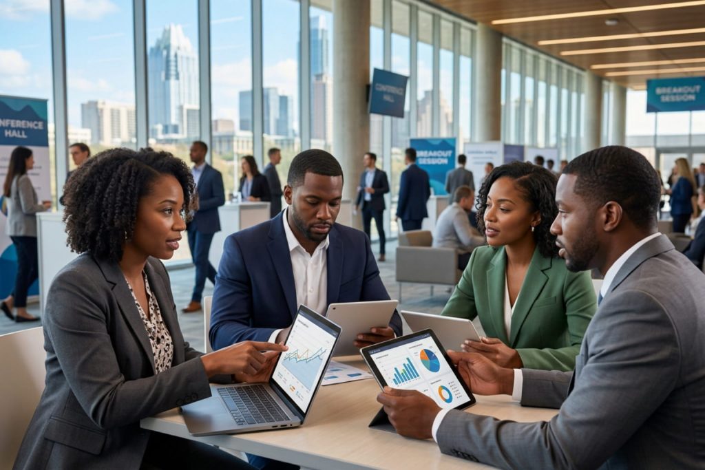Four professionals analyzing financial charts and profit margin calculator data at a business summit.