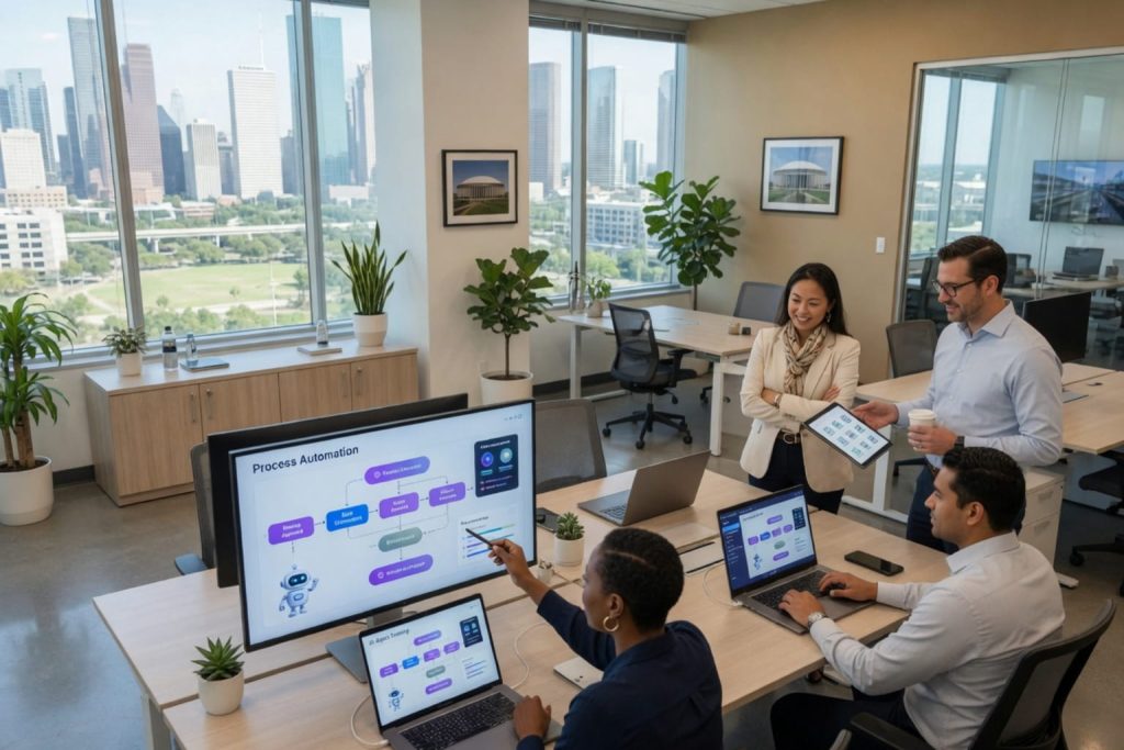 Team reviewing a process automation workflow and profit margin calculator metrics in a corporate office.