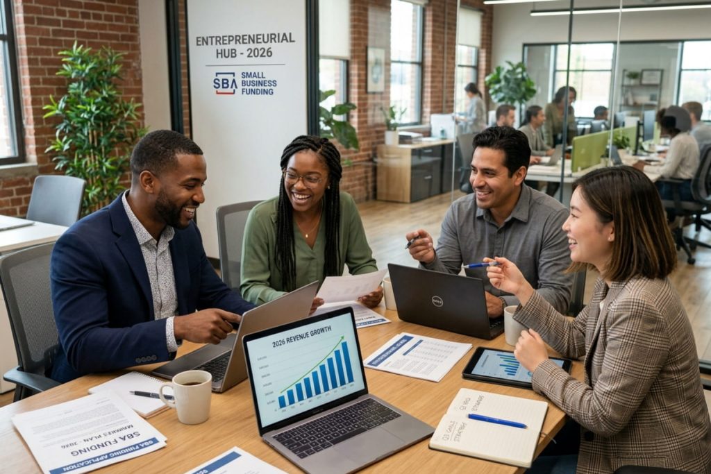 Collaborative meeting in a modern office with professionals reviewing "2026 Revenue Growth" charts and SBA branded documents.