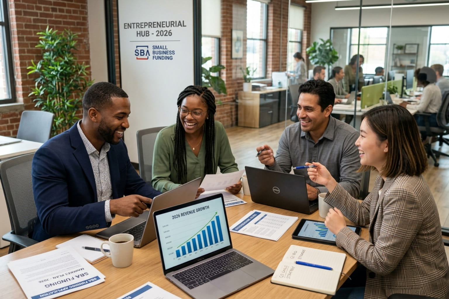 Collaborative meeting in a modern office with professionals reviewing "2026 Revenue Growth" charts and SBA branded documents.