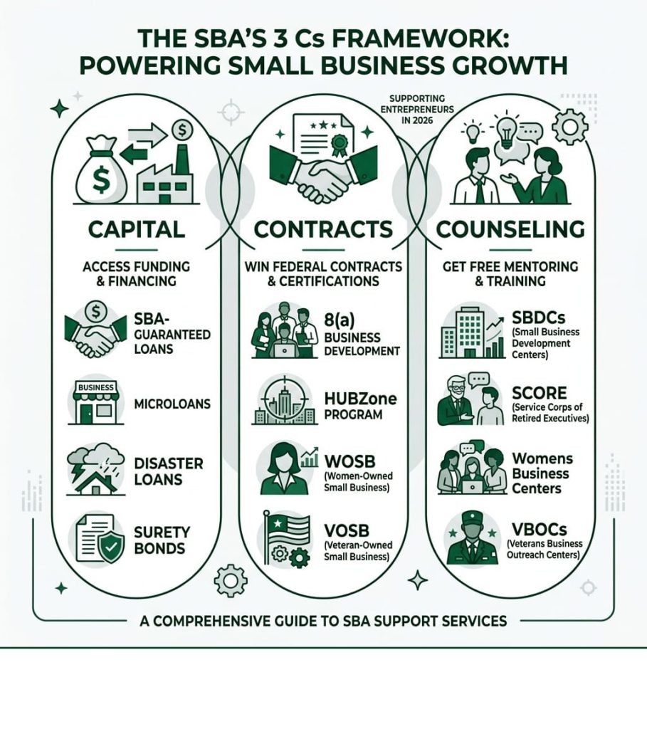 Infographic of SBA 3 Cs Framework: Capital, Contracts, and Counseling, with icons and descriptions for each category.
