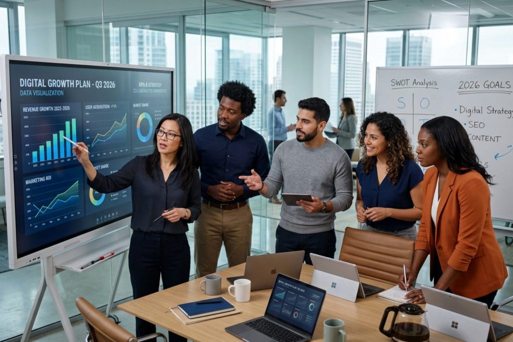 Office meeting with professionals reviewing an SBA digital growth plan on a large screen, showing charts and a SWOT analysis.