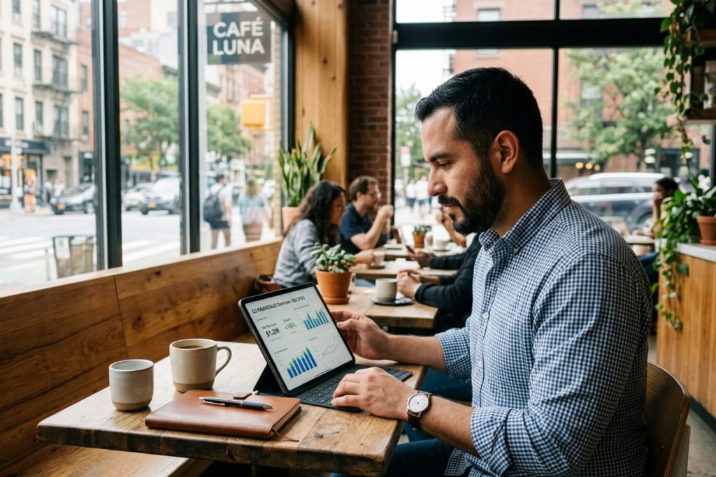 Man in a café working on a tablet displaying SBA Q3 financials, with a bustling urban background.
