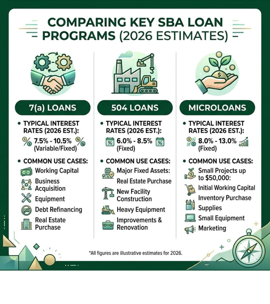 Infographic comparing SBA loan programs (7(a), 504, Microloans) with interest rates and use cases.