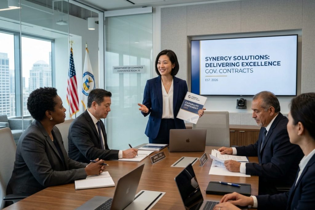 Business presentation in a government conference room, led by a woman showcasing Synergy Solutions' SBA capabilities.