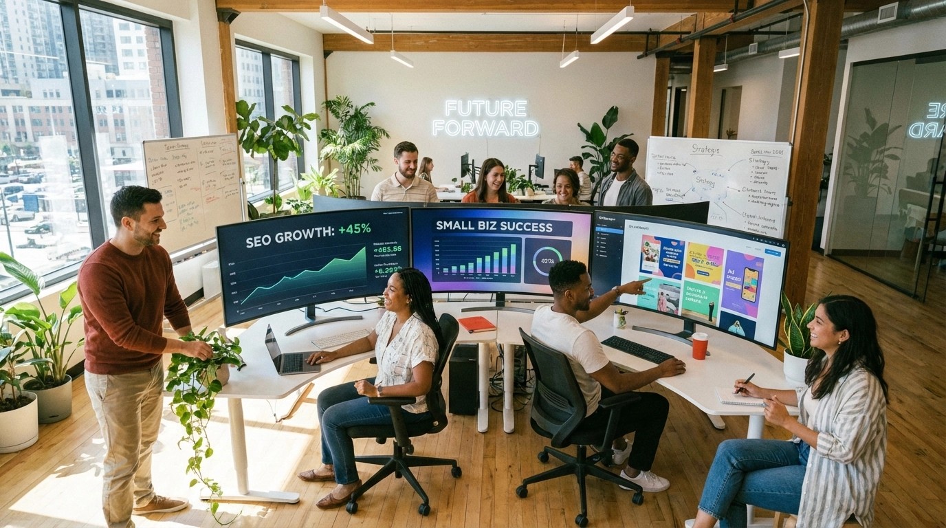 A modern office with a collaborative team working at desks with large, curved monitors. The screens show metrics like 'SEO Growth: +45%' and 'Small Biz Success: 420%.' A 'Future Forward' neon sign and strategy-filled whiteboards are in the background, highlighting a vibrant workspace focused on growth, digital marketing, and a leading SEO company for small business.