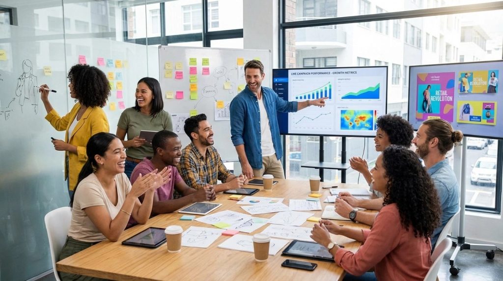 A vibrant meeting in a modern office shows a diverse team from an SEO company for small business collaborating at a conference table. Dual screens display live performance metrics and marketing visuals, while whiteboards with sticky notes highlight their brainstorming. The atmosphere is energetic, focused on innovation and growth.