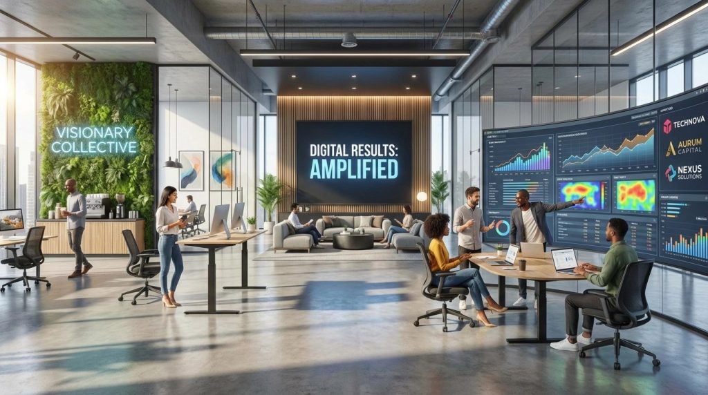 A modern office space with a living wall featuring the neon text 'Visionary Collective.' The scene includes a lounge area, a coffee bar, and a curved multi-screen display showing data visualizations and company logos like Technova, Aurum Capital, and Nexus Solutions. Teams are engaged in discussions and presentations, emphasizing innovation and digital results, making it a hub for an SEO company for small business.