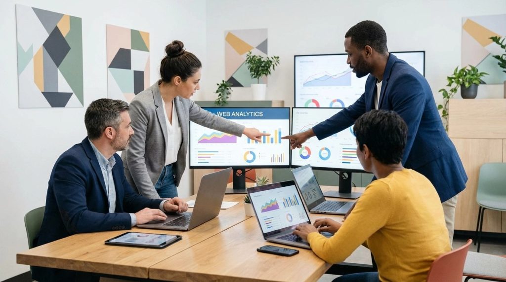 A collaborative meeting in a modern office with four professionals discussing 'Web Analytics.' Two large monitors display data visualizations, including line graphs, bar charts, and pie charts. Two participants are seated with laptops, while two others stand, actively pointing at the screens, fostering a dynamic and data-driven discussion for an SEO company for small business.