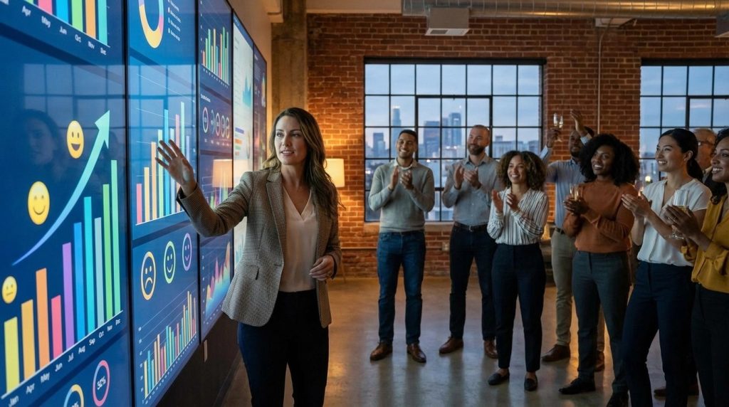 A celebratory business presentation in a modern office with exposed brick walls and large windows. A presenter gestures towards a multi-screen display showing colorful bar charts, pie charts, and positive sentiment emojis. The audience of diverse professionals claps and smiles, holding champagne flutes, creating a festive and successful atmosphere with the help of an SEO company for small business.