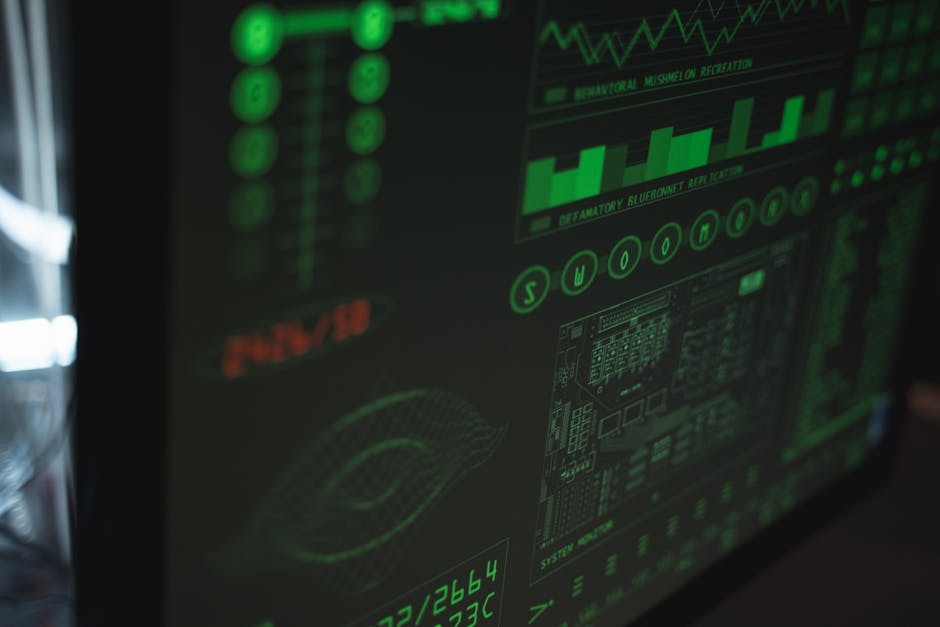 Futuristic digital interface displaying Small Business Administration data through green graphs, charts, and technical information.