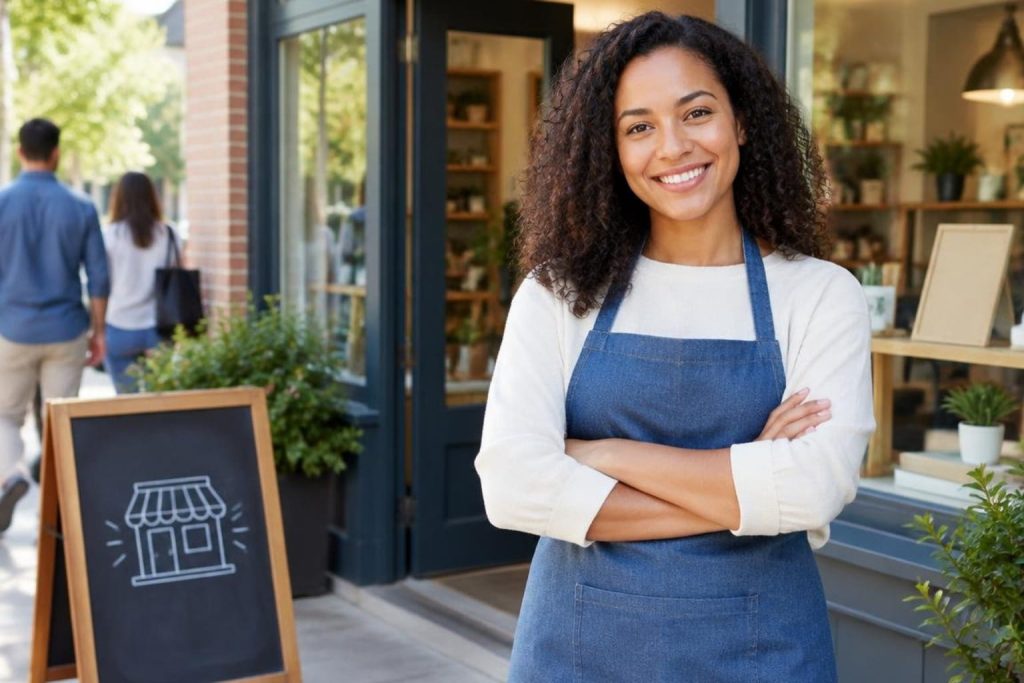 Small Business Day shop owner smiling outside her storefront with a welcoming sign and plants.