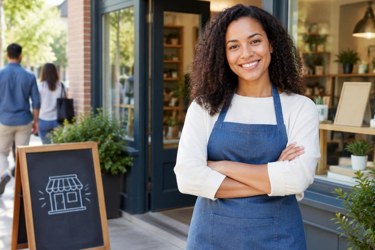 Small Business Day shop owner smiling outside her storefront with a welcoming sign and plants.