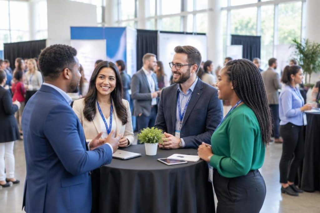Small Business Day professionals networking around a high-top table at a busy expo.