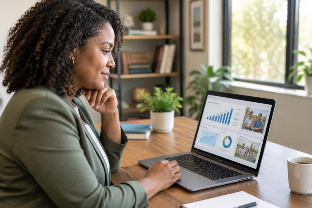Small Business Day entrepreneur reviewing growth metrics on a laptop in a bright office.