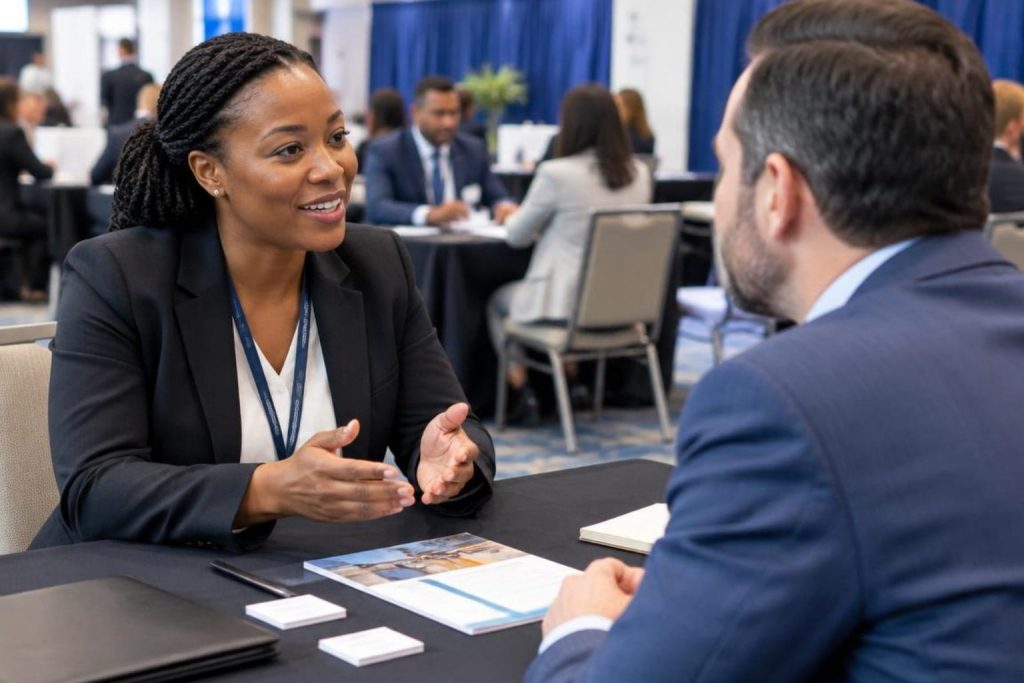 Small Business Day one-on-one business conversation at a professional networking event.