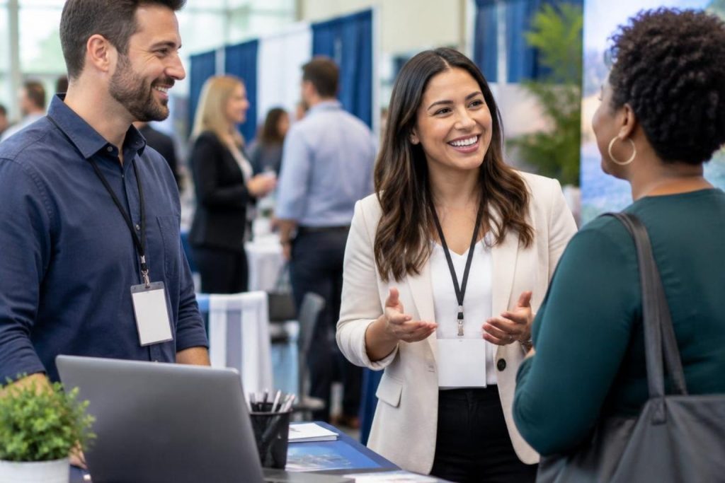 Small Business Day attendees connecting at an expo booth during a lively networking conversation.
