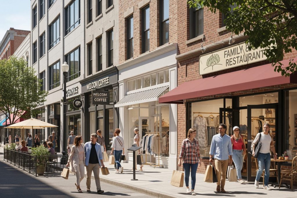 Busy urban street with storefronts, shoppers, and outdoor seating, illustrating how to grow a business.