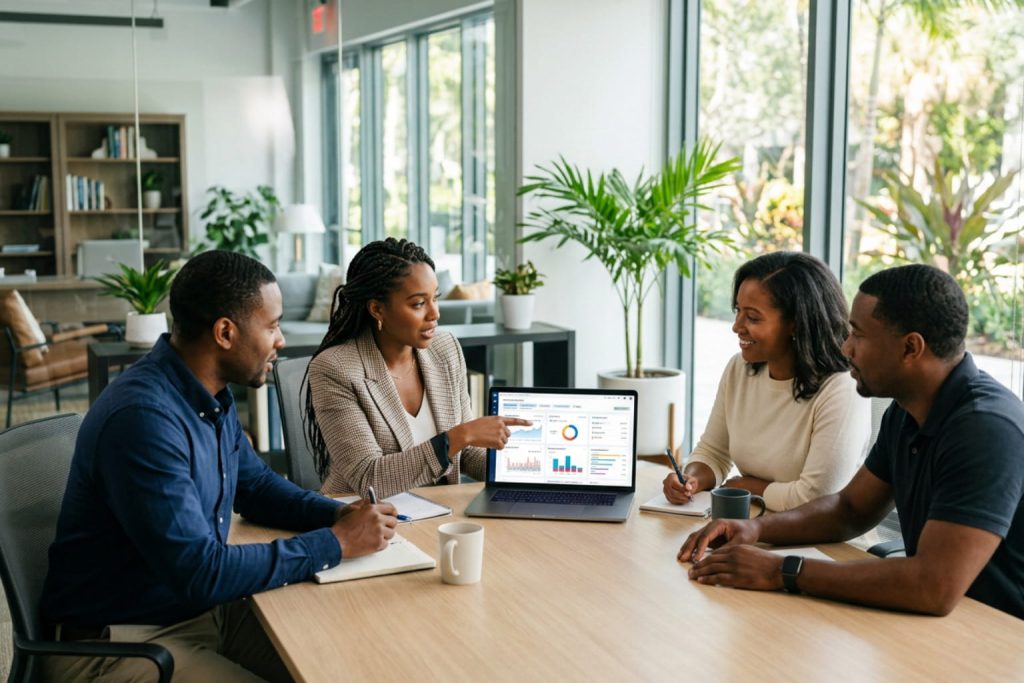 A woman presents laptop analytics to three colleagues while answering which social media platforms should I use for my business.