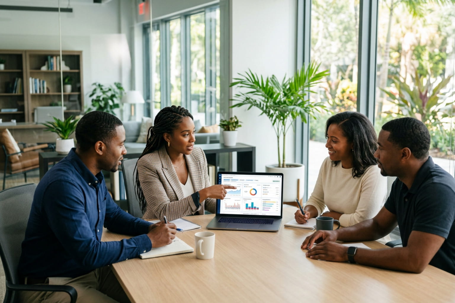 A woman presents laptop analytics to three colleagues while answering which social media platforms should I use for my business.