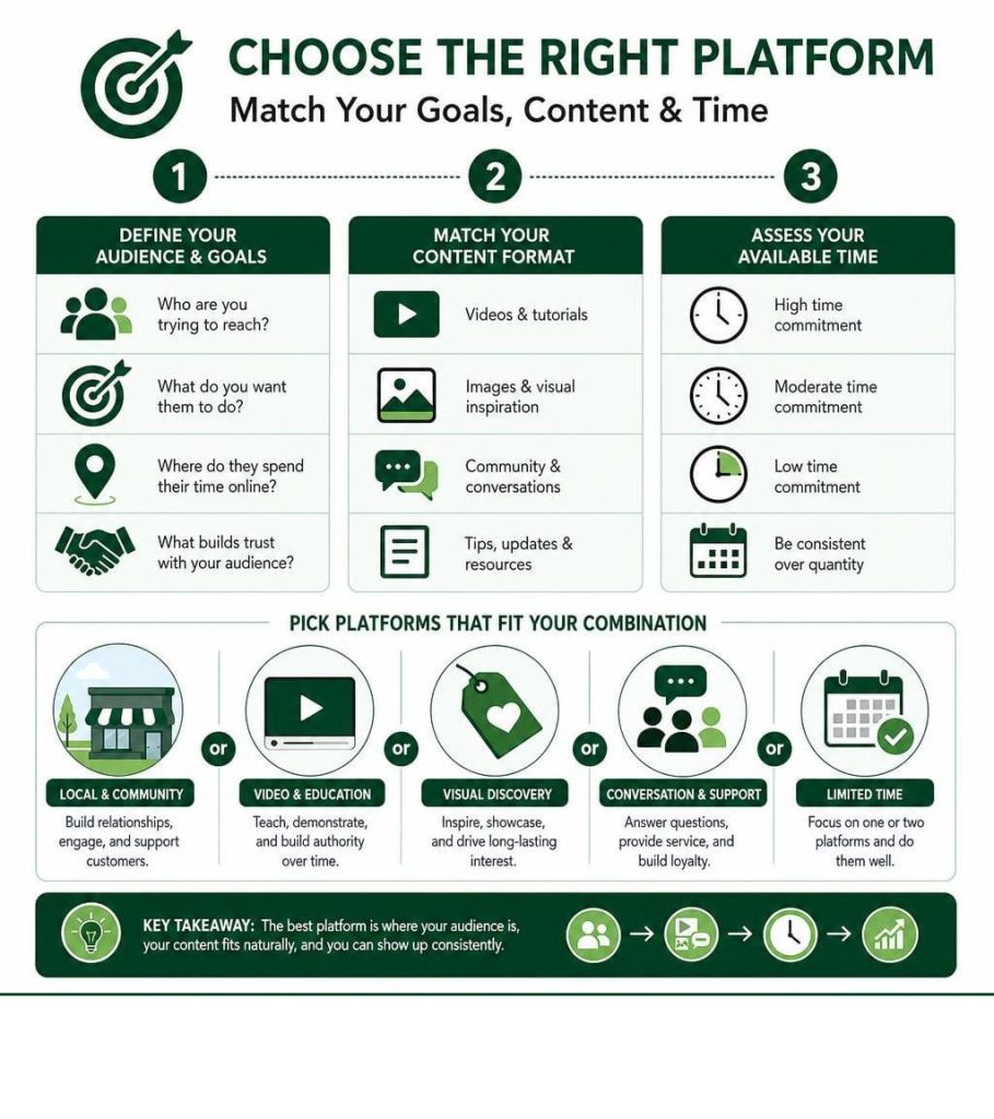 "Choose the Right Platform" infographic with a 3-step framework for which social media platforms should I use for my business.
