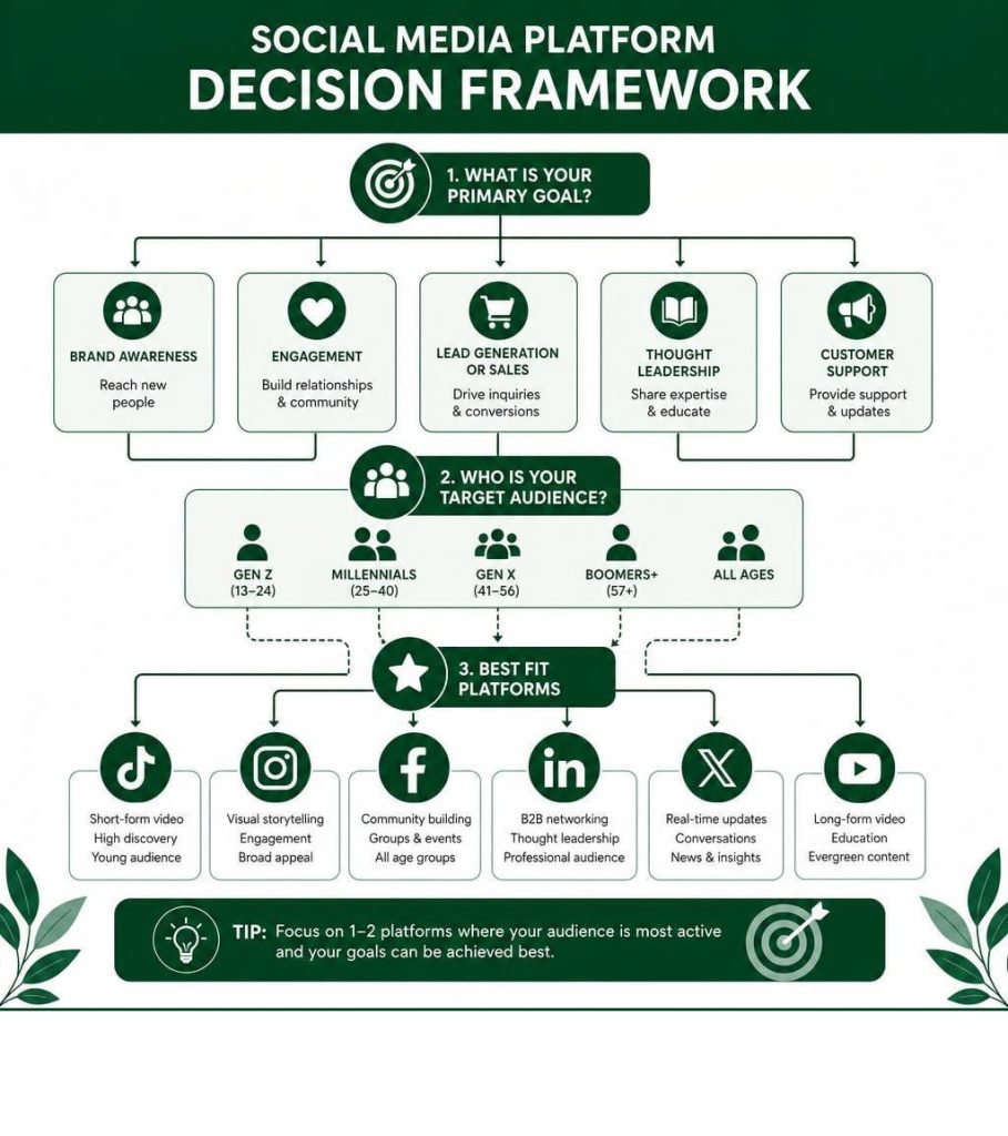 Decision framework infographic mapping goals to TikTok, Instagram, LinkedIn, and YouTube for which social media platforms should I use for my business.