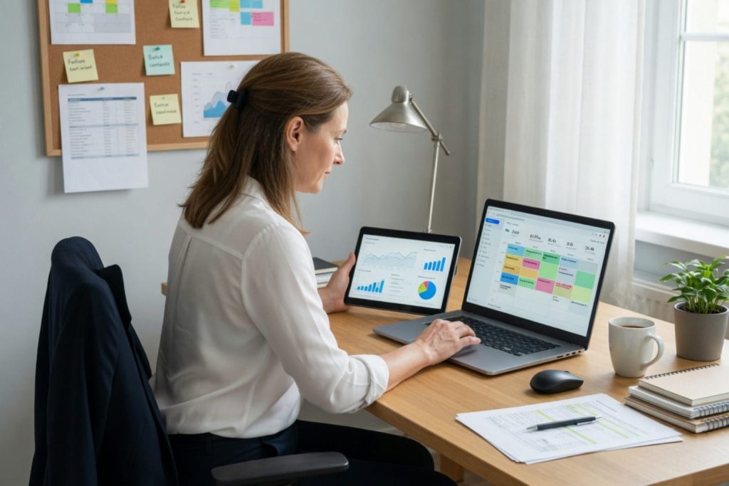 A woman multitasks on a laptop and tablet in a home office, planning which social media platforms should I use for my business.