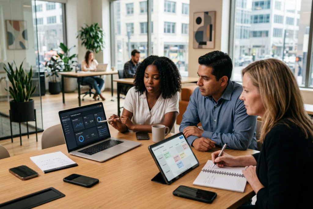 Three colleagues collaborate around a laptop and tablet, debating which social media platforms should I use for my business.