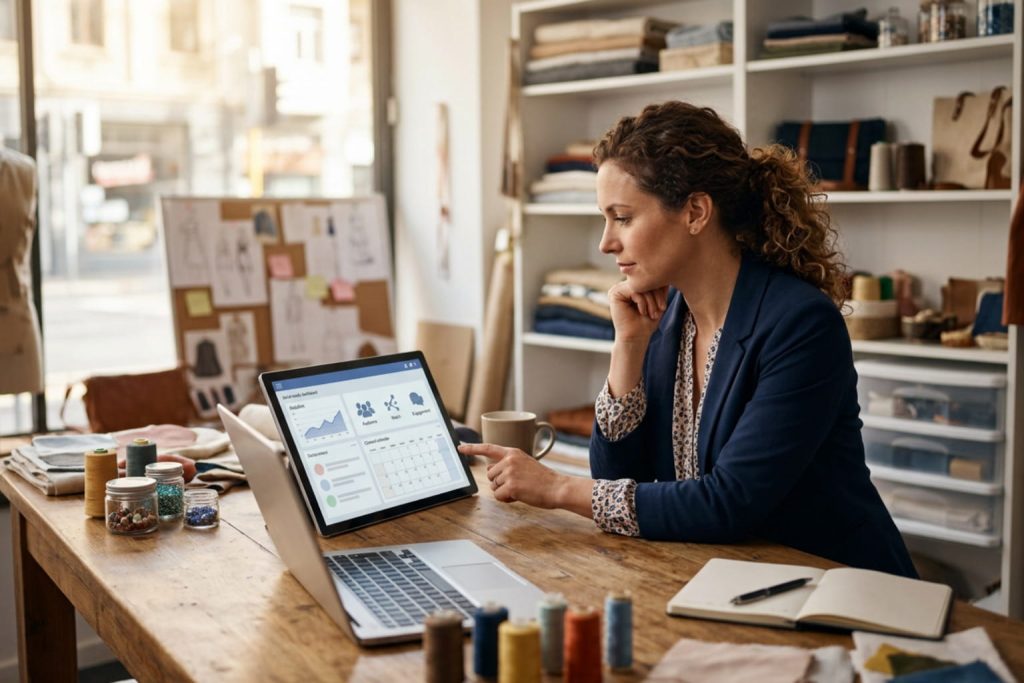 A small business owner reviews a dashboard on a tablet in her design studio, deciding which social media platforms should I use for my business.