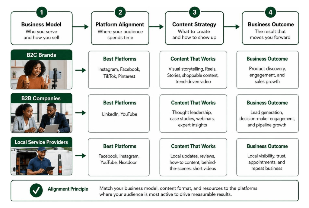 Infographic aligning B2C, B2B, and local service models with the best social media platforms should I use for my business.