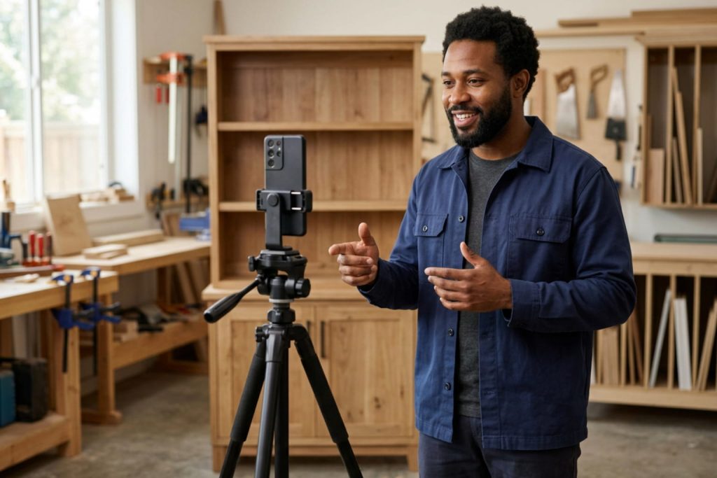 A smiling woodworker records a video tutorial on a tripod-mounted phone, showing which social media platforms should I use for my business.