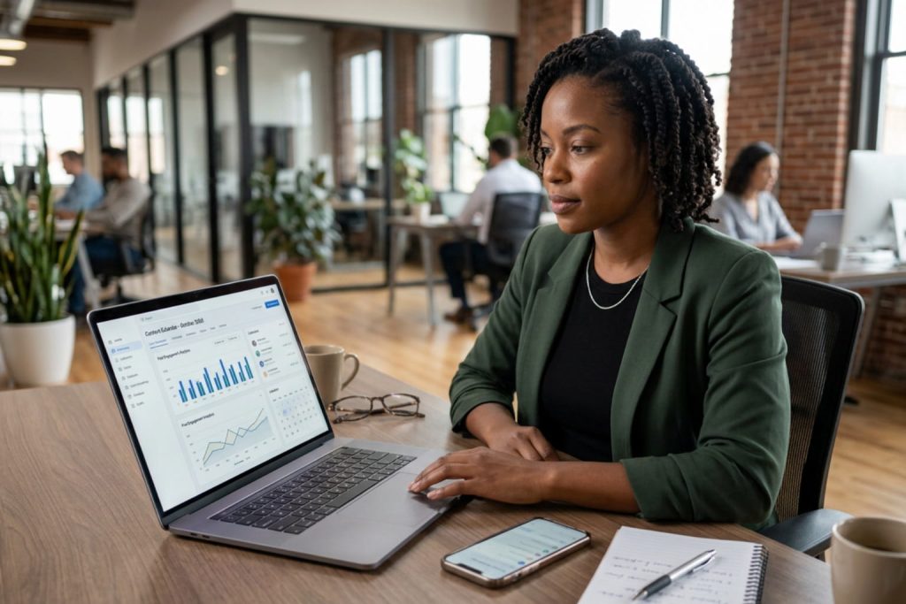 A professional woman analyzes performance data on a laptop, exploring which social media platforms should I use for my business.