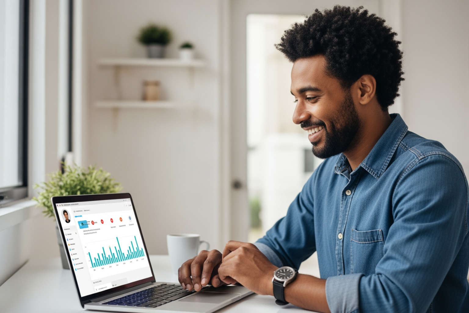 A smiling man in a denim shirt works on a laptop displaying a performance dashboard with a bar chart and navigation menu. The setting is a bright, modern room with plants, shelves, and natural light from a window, showcasing the benefits of social media marketing.