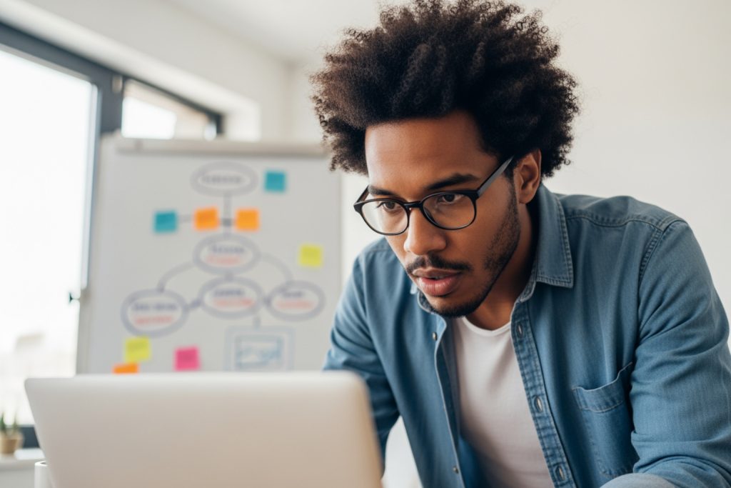 A focused young man with curly hair and glasses looks at a laptop. Behind him, a blurred whiteboard features a flowchart with circles and colorful sticky notes about the benefits of social media marketing. The setting is a bright workspace with natural light from a window.