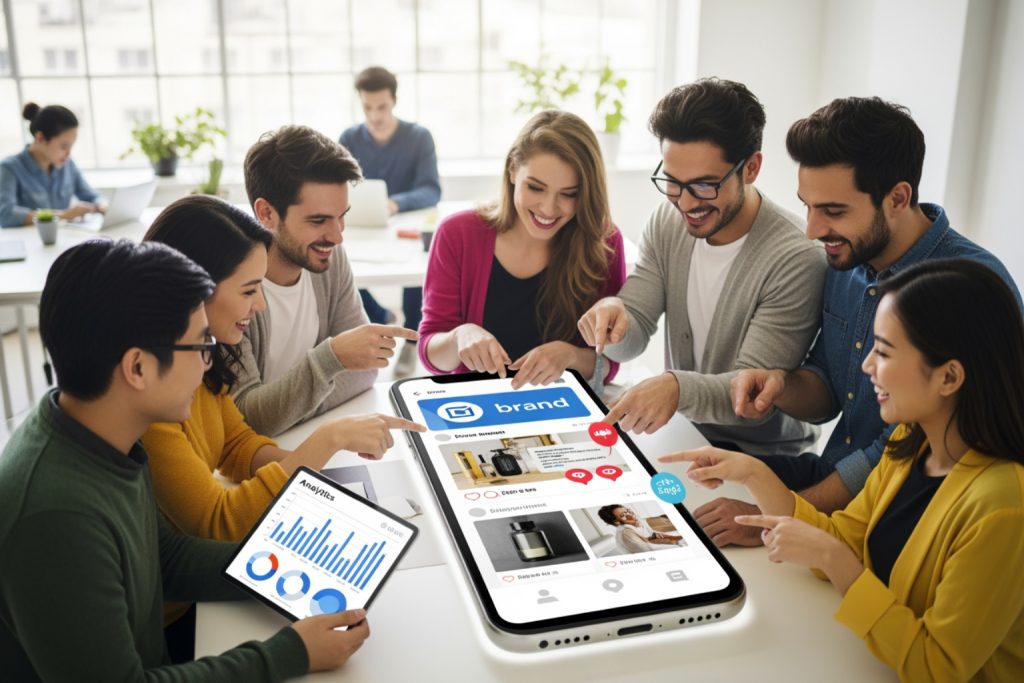 A group of seven young professionals gathered around a table, analyzing a large smartphone screen displaying the benefits of social media marketing via an e-commerce app. A man holds a tablet showing analytics charts. The setting is a bright, collaborative office space with laptops and plants in the background.