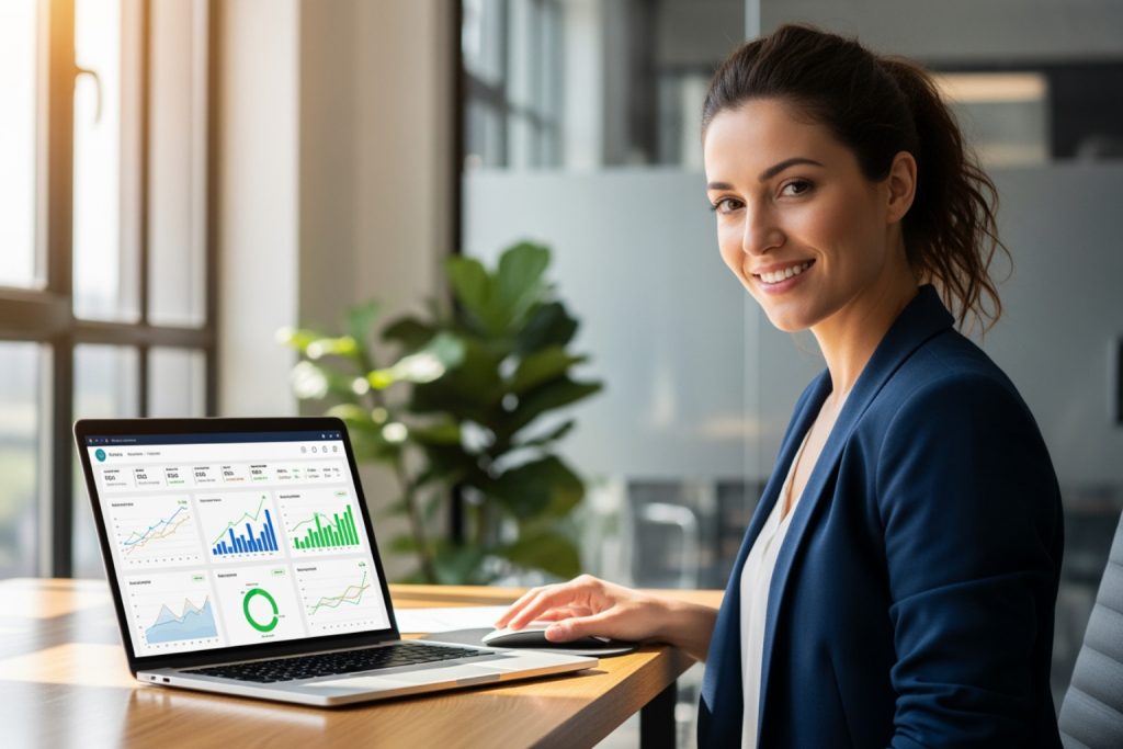 A young woman in a blue blazer smiles while working on a laptop displaying a business dashboard with charts and metrics like "Total Revenue" and "Conversion Rate," demonstrating the benefits of social media marketing. The setting is a bright, modern office with a plant and glass partitions in the background.