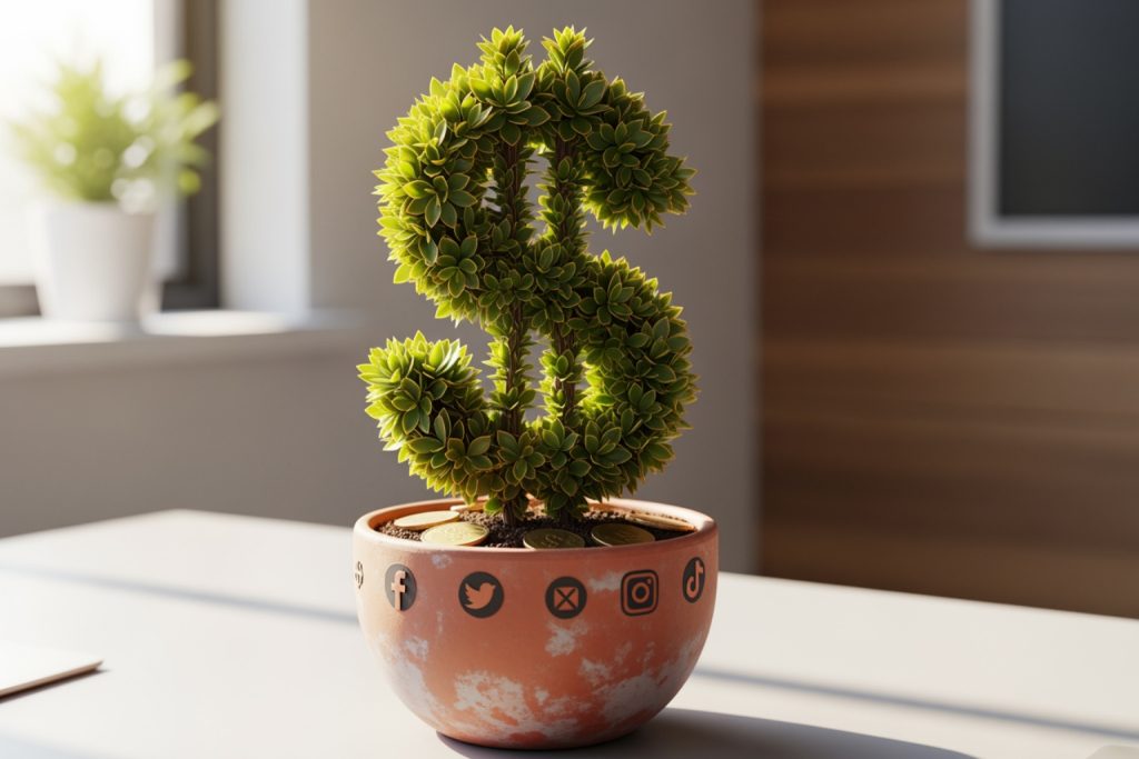 A vibrant green dollar-sign-shaped plant in a terra cotta pot with social media icons (Facebook, Twitter, Instagram, TikTok) embossed on the pot. Gold coins rest on the soil, symbolizing benefits of social media marketing and financial growth through social media. The pot sits on a desk with sunlight streaming in from a nearby window.
