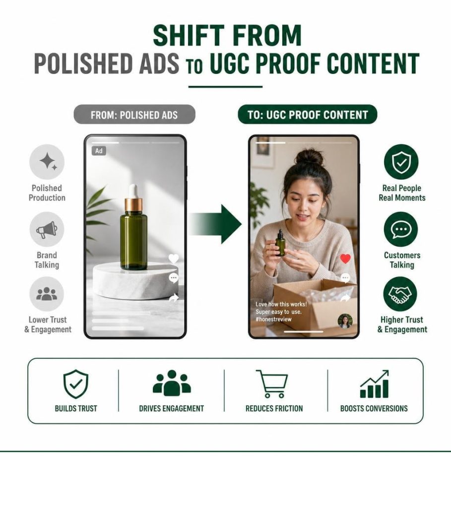 A TikTok Creative Strategy infographic comparing polished ads with UGC proof content, highlighting gains in trust, engagement, and conversions.