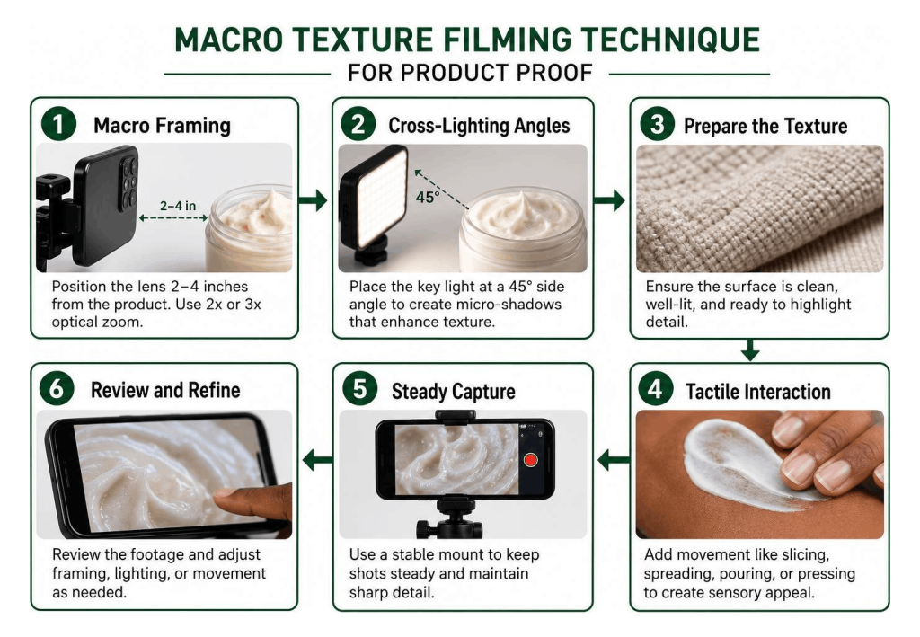 A six-step TikTok Creative Strategy infographic outlining macro texture filming techniques for convincing product proof.