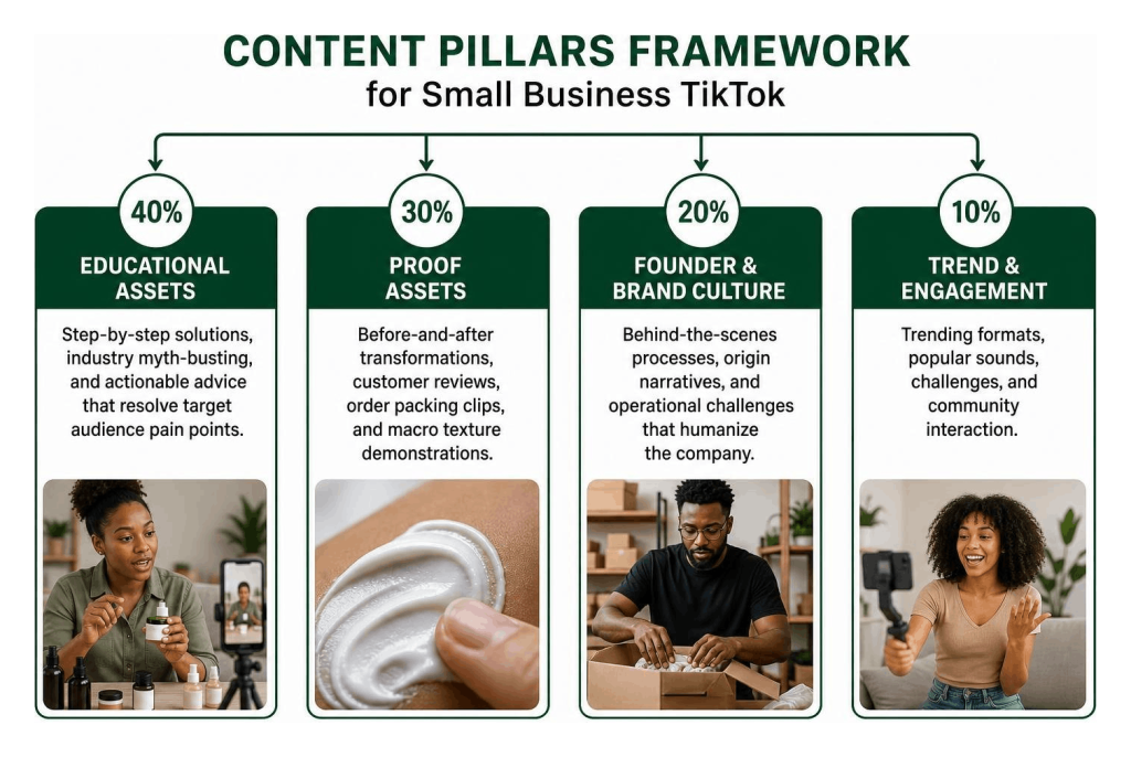 A content pillars framework infographic for small business TikTok Creative Strategy, with four columns breaking down the recommended content mix by percentage.