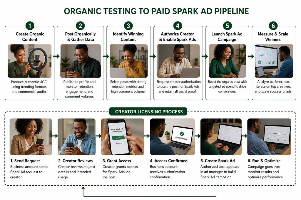 A two-tiered TikTok Creative Strategy flowchart mapping the organic-to-paid Spark Ad pipeline alongside the creator licensing process.
