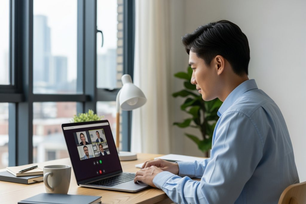 A young man follows his favorite video conference tips while participating in a call on his laptop. The screen shows four participants in a grid layout at a wooden desk featuring a lamp, plants, a coffee mug, and books. A large window reveals a city skyline in the background.