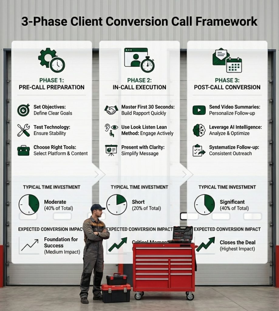 An infographic titled "3-Phase Client Conversion Call Framework" outlines three phases: pre-call preparation, in-call execution, and post-call conversion. Each phase includes actionable steps, time investment, and conversion impact. The background shows a workshop with a worker, toolboxes, and a red tool chest, offering helpful video conference tips.