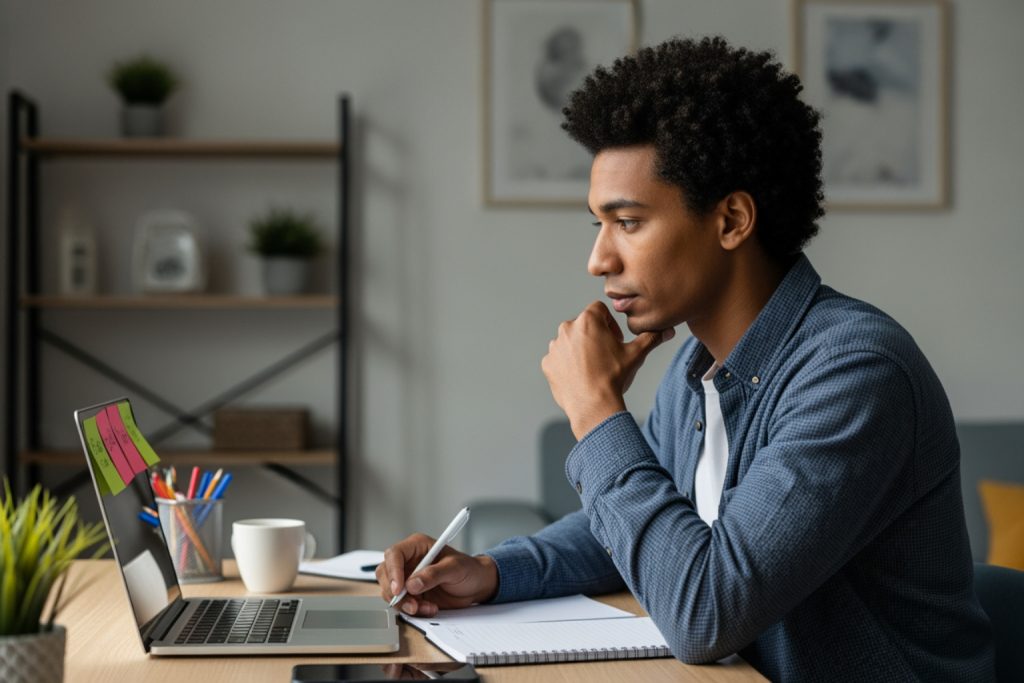 A young man with dark curly hair sits at a desk, holding a pen and resting his chin on his hand, appearing focused. The desk features a laptop with sticky notes about video conference tips, a mug, a smartphone, and a notebook. The background includes a bookshelf with plants and framed wall art.