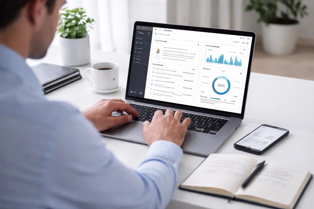 Over-the-shoulder view of a person typing on a laptop displaying a dark-themed dashboard with data visualizations and a list of video conference tips, including bar and donut charts. The workspace features a clean white desk with a coffee cup, a potted plant, a smartphone, and an open notebook with a pen. The background is softly blurred, suggesting a bright, modern office setting.