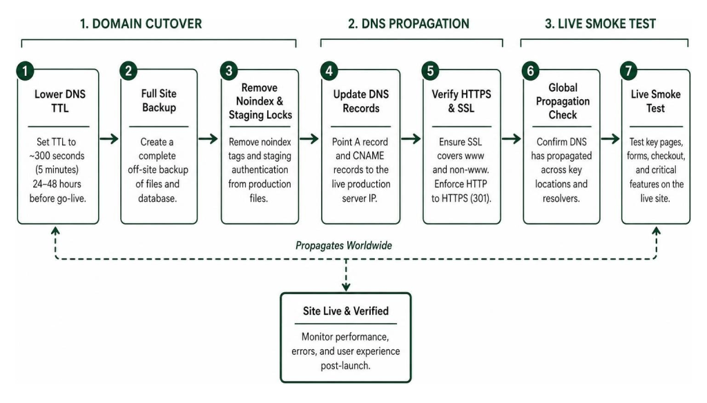 Domain cutover and DNS propagation workflow in a technical website launch checklist.